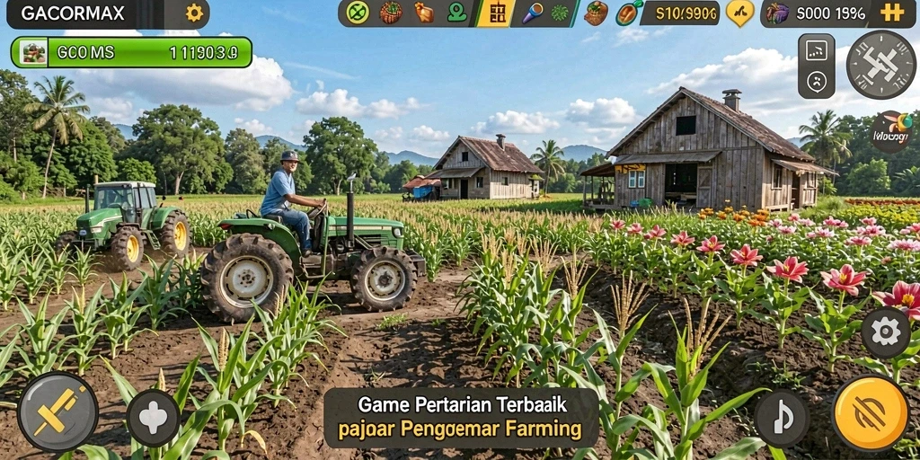 Tampilan gameplay <strong>GACORMAX</strong> dengan ladang yang subur dan aktivitas bertani yang menyenangkan.