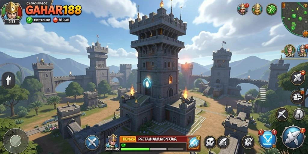 Tangkapan layar GAHAR188 yang menunjukkan aksi pertahanan menara yang intens.