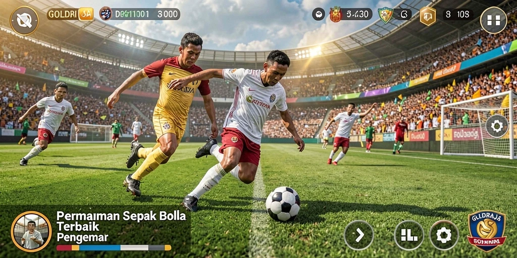 Screenshot utama GOLDRAJA menampilkan aksi gameplay sepak bola yang mendebarkan.