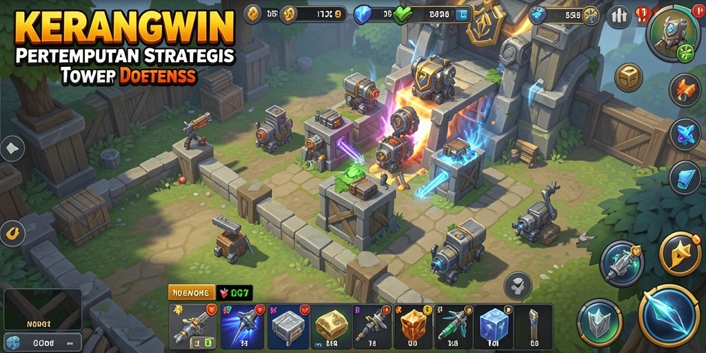 Tangkapan layar KERANGWIN menampilkan aksi pertempuran menara yang intens dan strategi Tower Defense.