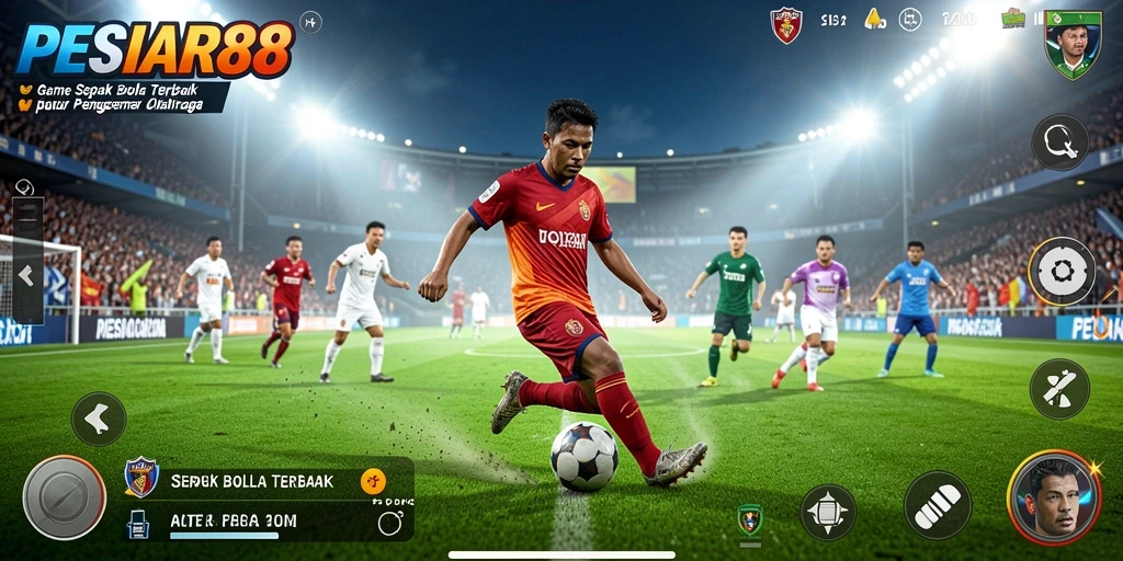 Screenshot PESIAR88 menampilkan aksi seru di lapangan sepak bola.