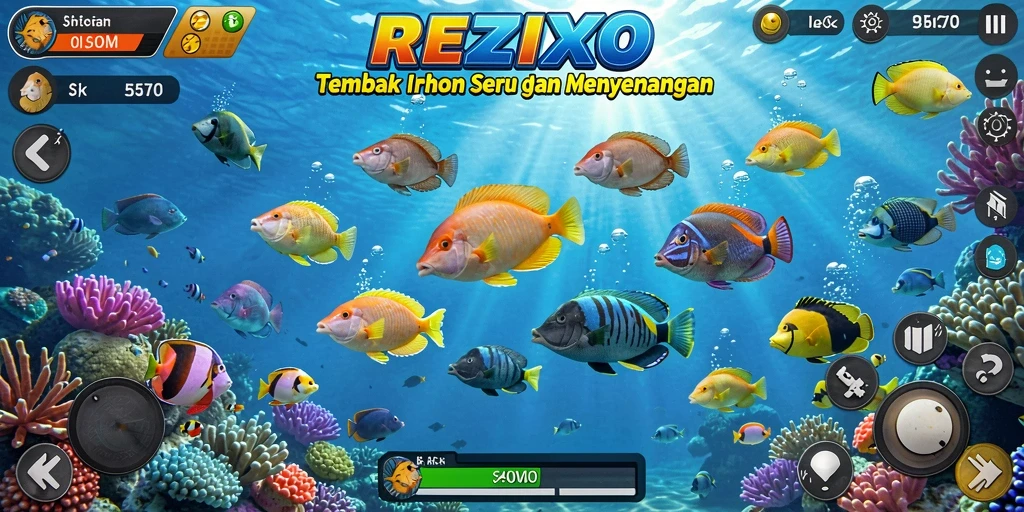 Tampilan gameplay seru dalam REZIXO saat menangkap ikan.