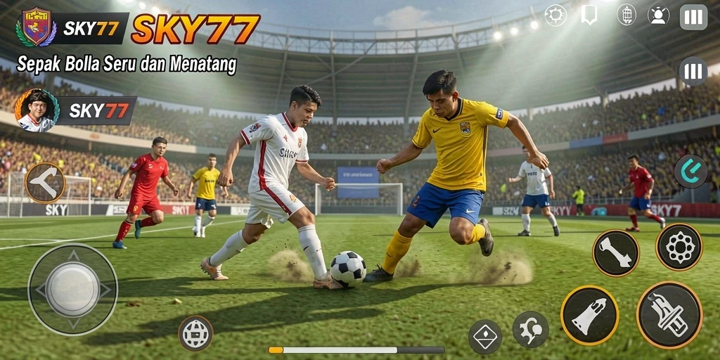 Screenshot gameplay SKY77 menampilkan aksi seru di lapangan sepak bola.