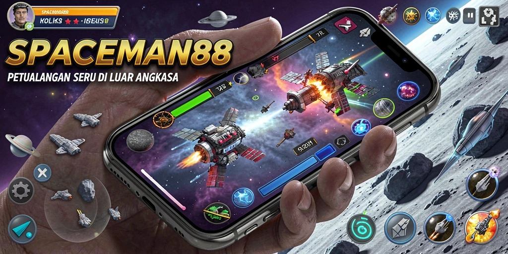 Tampilan gameplay seru di luar angkasa dengan planet berwarna-warni.