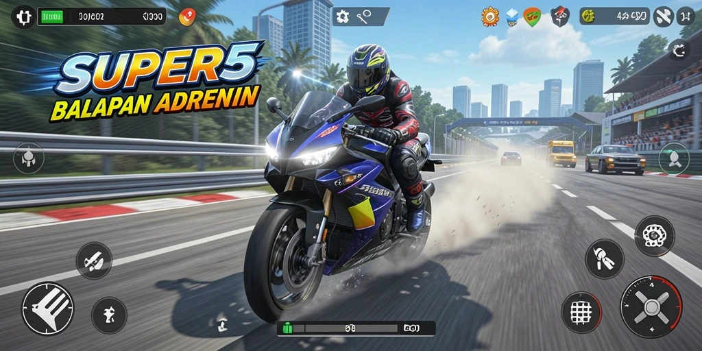 Tampilan gameplay SUPER5 yang mendebarkan saat balapan motor.