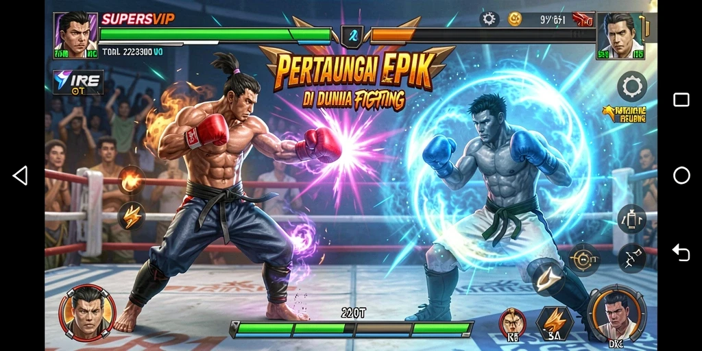 Tangkapan layar SUPERSVIP menunjukkan pertarungan epik antara karakter dengan grafis mengesankan.